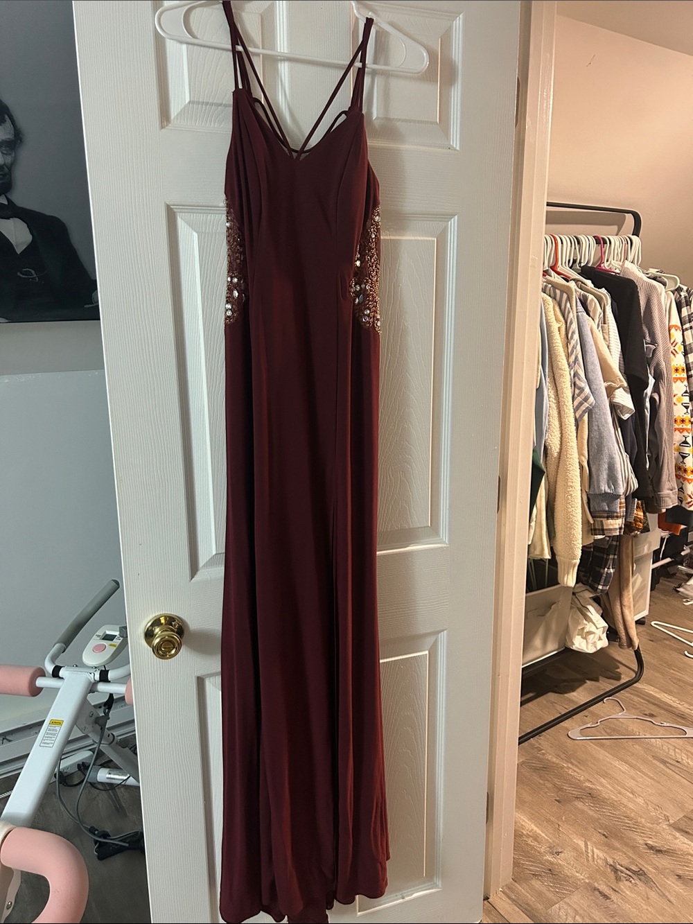 B Darlin Burgundy Spaghetti-Strap Maxi Dress with Sequin Side Panels